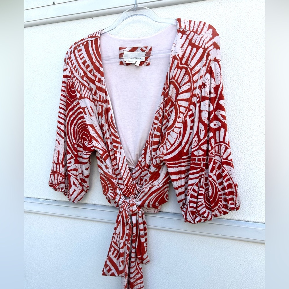 By Anthropologie Top Women M Bodhi Wrap Cropped Tie Front Orange White Tropical - Picture 9 of 10